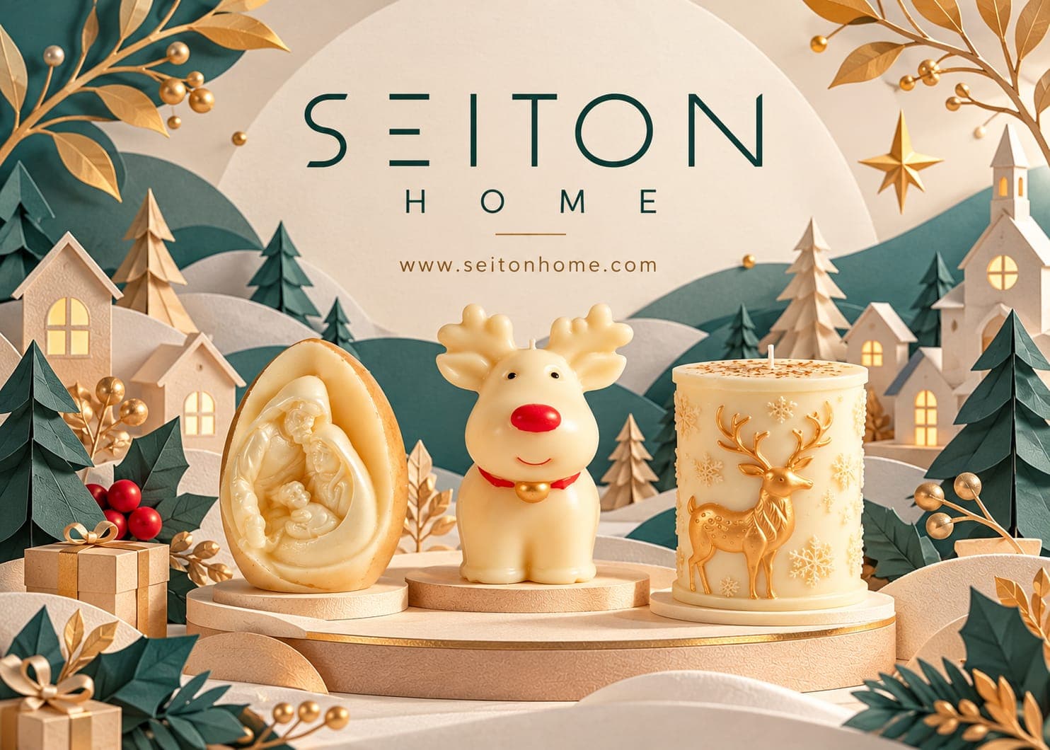 Velas navideñas Seiton Home: pesebre, reno y cilindro con ciervo dorado